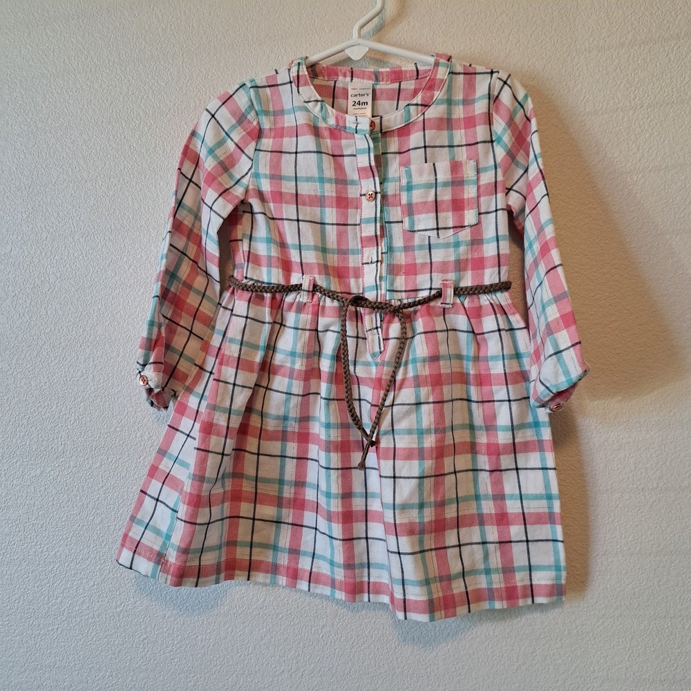 Carters Girls 24M Pink Teal Plaid Metallic Lurex Belted Shirt Dress Long Sleeve